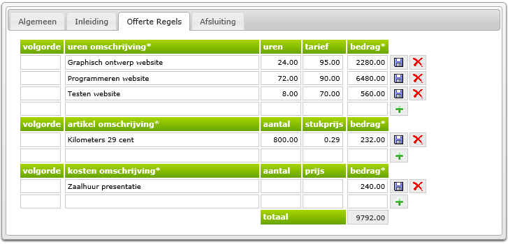 Fragment offertescherm met offerteregels