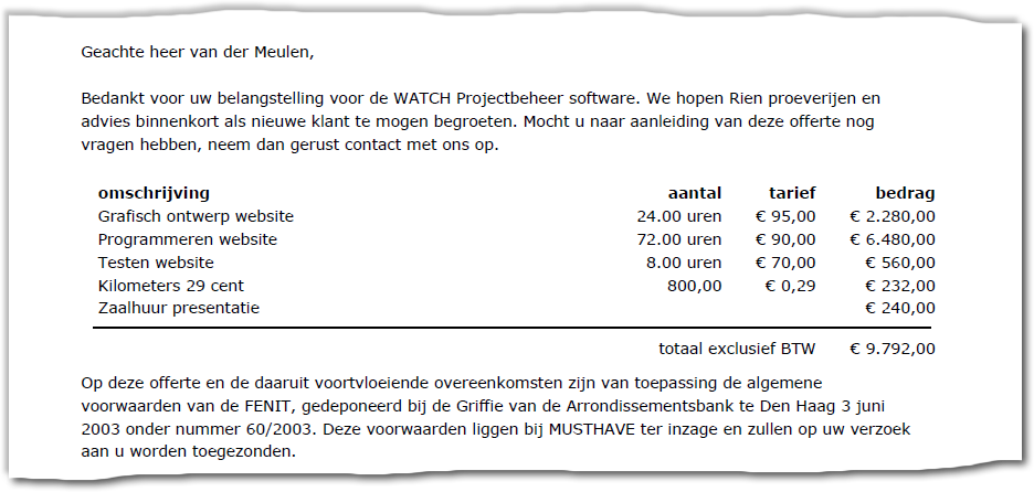 offertefragment met uren, artikelen en overige kosten